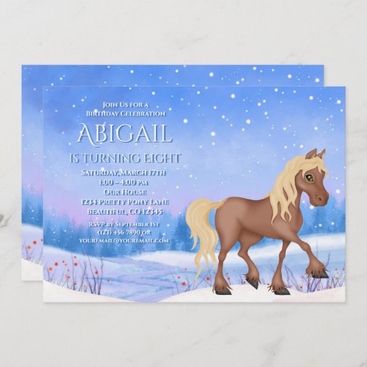 ウィンターワンダーランドホースアンドスノー誕生日 招待状 (正面/裏面)