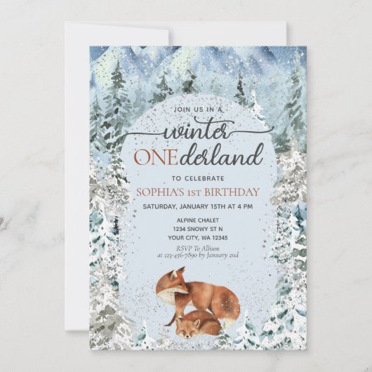 ウィンターワンダーランドボーイガールファーストファースト誕生日キツネ 招待状 (正面)