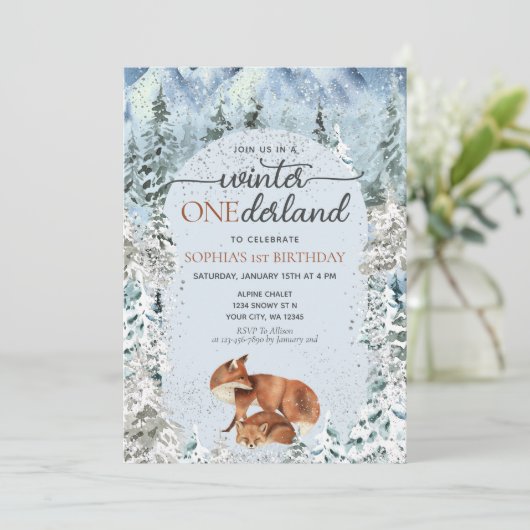 ウィンターワンダーランドボーイガールファーストファースト誕生日キツネ 招待状 (スタンド正面)