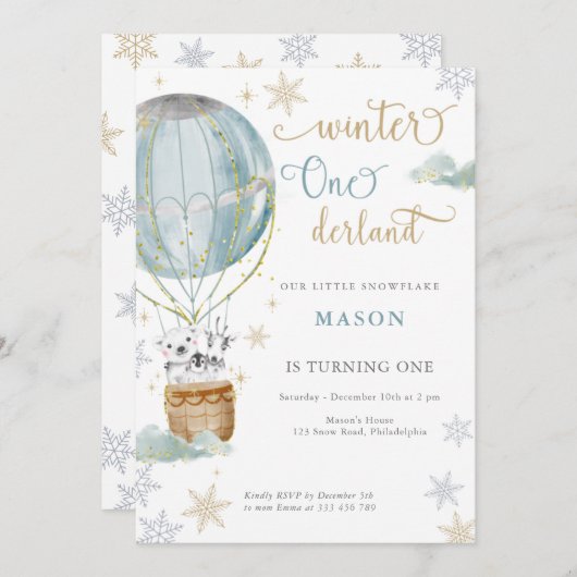 ウィンターワンダーランドボーイファースト誕生日 招待状 (正面/裏面)