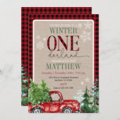 ウィンターワンダーランドレッドトラックフォレスト誕生日 招待状 (正面/裏面)