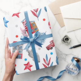 ウィンターワンダーランドレッド&ブルーコテージ ラッピングペーパー