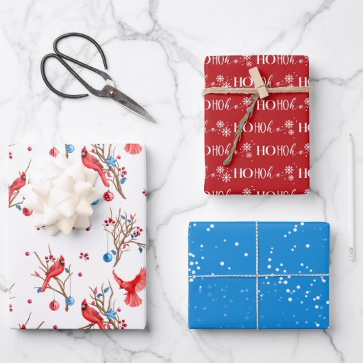 ウィンターワンダーランドレッド（鳥）ショウジョウコウカンチョウオーナメント ラッピングペーパーシート (正面)