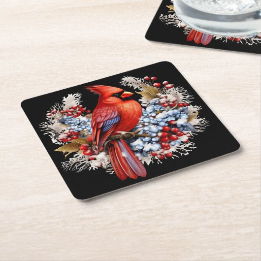 ウィンターワンダーランドレッド（鳥）ショウジョウコウカンチョウ スクエアペーパーコースター (アングル)