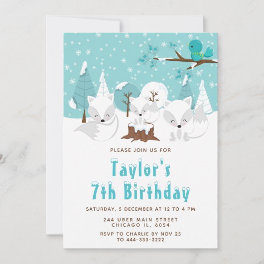 ウィンターワンダーランド北極キツネ誕生日パーティー 招待状 (正面)
