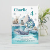 ウィンターワンダーランド北極動物子供の誕生日 招待状 (スタンド正面)