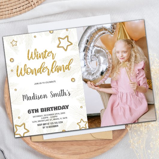ウィンターワンダーランド招待状スター金ゴールド写真 招待状