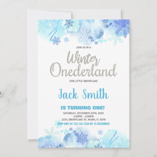 ウィンターワンダーランド招待状スノウシルバーグリッター 招待状 (正面)