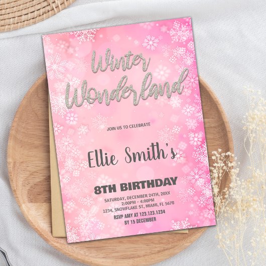 ウィンターワンダーランド招待状ピンクシルバーグリッター 招待状