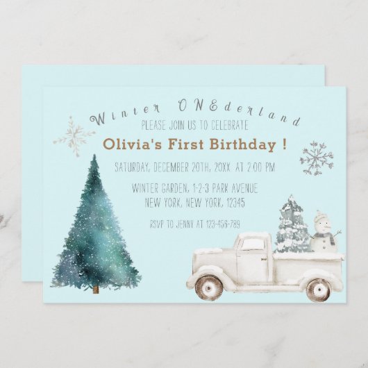 ウィンターワンダーランド最初の誕生日パーティー 招待状 (正面/裏面)