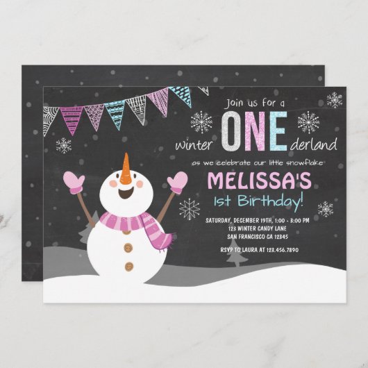 ウィンターワンダーランド誕生日の招待状ピンクシルバー 招待状 (正面/裏面)