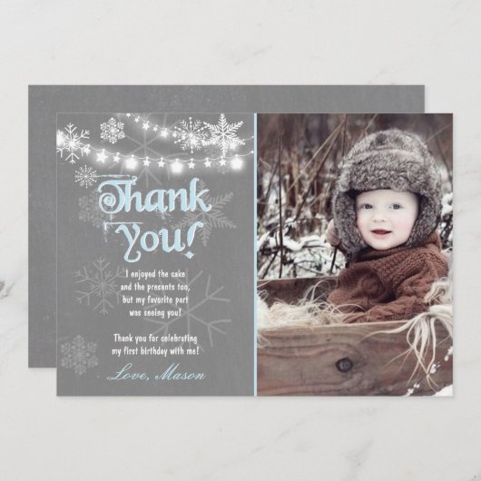 ウィンターワンダーランド誕生日サンキューカードボーイブルー サンキューカード (正面/裏面)