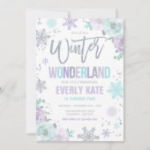 ウィンターワンダーランド誕生日シルバーパープルスノーフレーク 招待状 (正面)