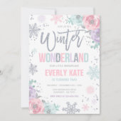 ウィンターワンダーランド誕生日シルバーピンクスノーフレーク 招待状 (正面)