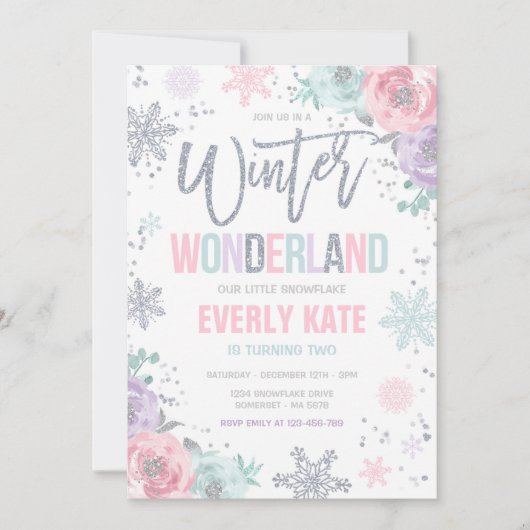 ウィンターワンダーランド誕生日シルバーピンクスノーフレーク 招待状 (正面)
