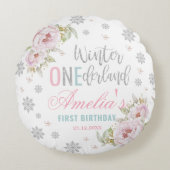 ウィンターワンダーランド誕生日ベビーガール1st誕生日 ラウンドクッション (正面)