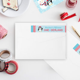 ウィンターワンダーランド誕生日ペンギンブルーとレッド ラップアラウンドラベル