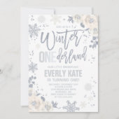 ウィンターワンダーランド誕生日ホワイトアンドシルバーフローラ 招待状 (正面)
