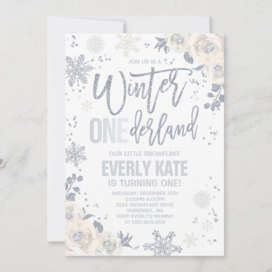 ウィンターワンダーランド誕生日ホワイトアンドシルバーフローラ 招待状 (正面)