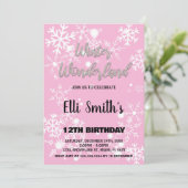 ウィンターワンダーランド誕生日招待状シルバーピンク 招待状 (スタンド正面)