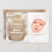 ウィンターワンダーランド誕生日招待状スノーピ素朴ンク 招待状 (正面/裏面)