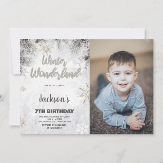 ウィンターワンダーランド誕生日招待状パイン写真 招待状 (正面)