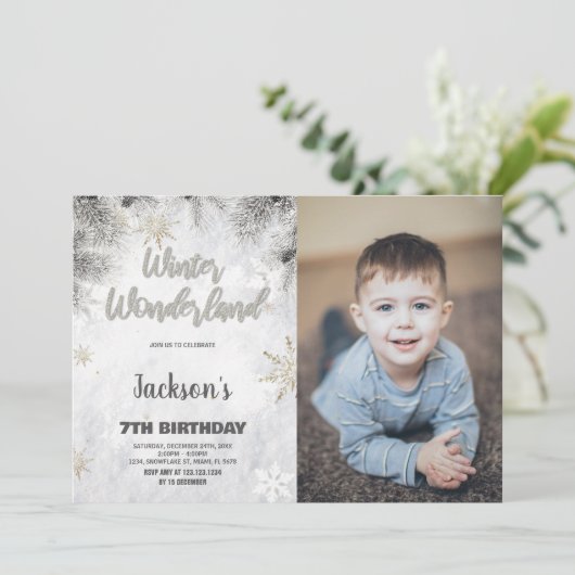 ウィンターワンダーランド誕生日招待状パイン写真 招待状 (スタンド正面)