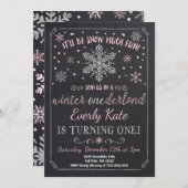 ウィンターワンダーランド誕生日招待状ピンクシルバー 招待状 (正面/裏面)