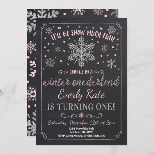 ウィンターワンダーランド誕生日招待状ピンクシルバー 招待状 (正面/裏面)