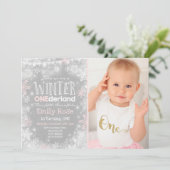 ウィンターワンダーランド誕生日招待状ピンクホワイト 招待状 (スタンド正面)