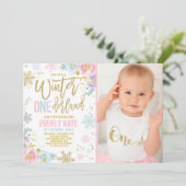 ウィンターワンダーランド誕生日招待状ピンク金ゴールド 招待状 (スタンド正面)