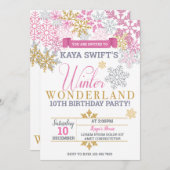 ウィンターワンダーランド誕生日招待状ピンク&金ゴールド 招待状 (正面/裏面)