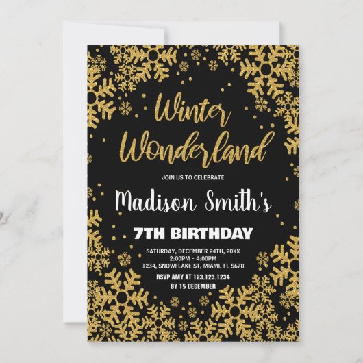 ウィンターワンダーランド誕生日招待状ブラック金ゴールド 招待状 (正面)