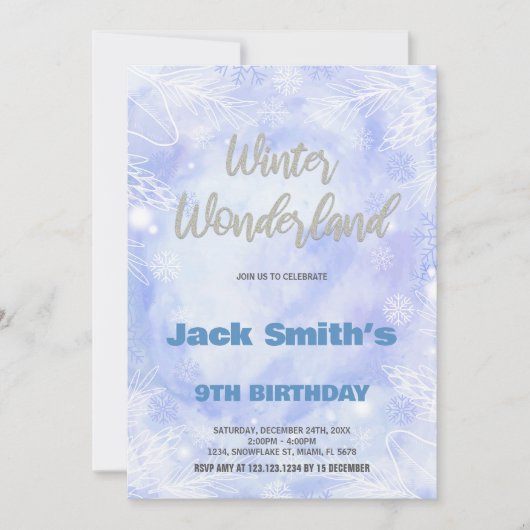 ウィンターワンダーランド誕生日招待状ブルーシルバー 招待状 (正面)