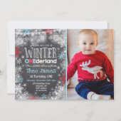 ウィンターワンダーランド誕生日招待状ブルーレッド 招待状 (正面)
