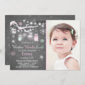 ウィンターワンダーランド誕生日招待状ミントピンクライト 招待状 (正面/裏面)