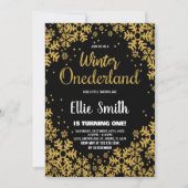 ウィンターワンダーランド誕生日招待状金ゴールドブラック 招待状 (正面)
