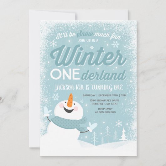 ウィンターワンダーランド誕生日招待状雪だるまブルー 招待状 (正面)