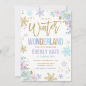 ウィンターワンダーランド誕生日金ゴールドパープルスノーフレーク 招待状 (正面)