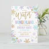 ウィンターワンダーランド誕生日金ゴールドパープルスノーフレーク 招待状 (スタンド正面)