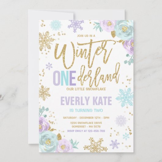 ウィンターワンダーランド誕生日金ゴールドパープルスノーフレーク 招待状 (正面)