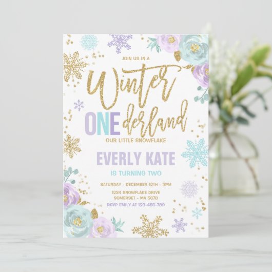 ウィンターワンダーランド誕生日金ゴールドパープルスノーフレーク 招待状 (スタンド正面)