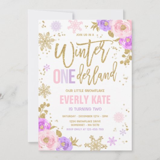 ウィンターワンダーランド誕生日金ゴールドピンクスノーフレーク 招待状 (正面)