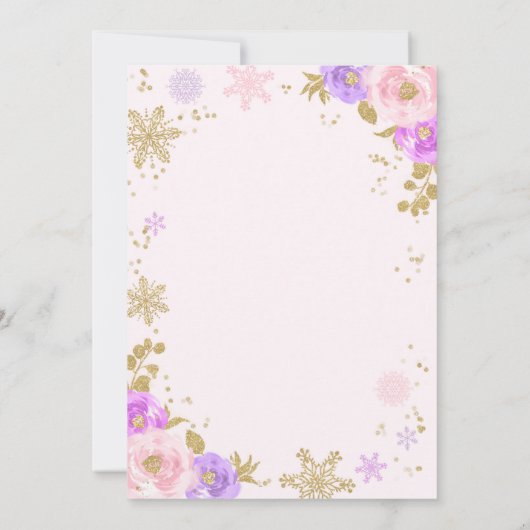 ウィンターワンダーランド誕生日金ゴールドピンクスノーフレーク 招待状 (裏面)