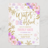 ウィンターワンダーランド誕生日金ゴールドピンクスノーフレーク 招待状 (正面/裏面)