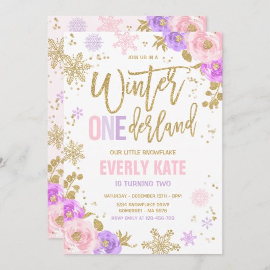 ウィンターワンダーランド誕生日金ゴールドピンクスノーフレーク 招待状 (正面/裏面)