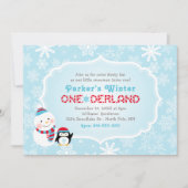 ウィンターワンダーランド誕生日雪だるまとペンギン 招待状 (正面)