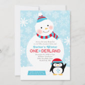 ウィンターワンダーランド誕生日雪だるまとペンギン 招待状 (正面)