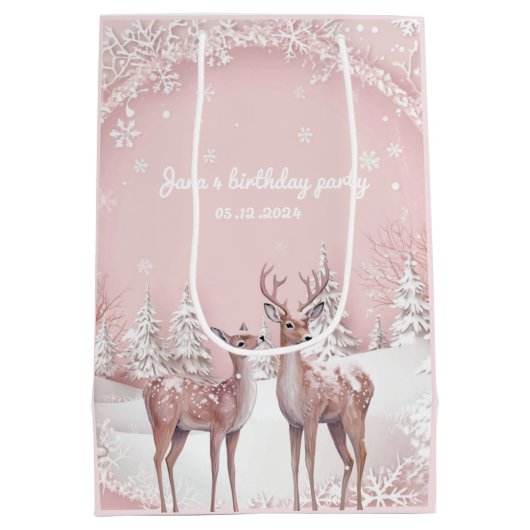 ウィンターワンダーランド誕生日 | ピンクと鹿 ミディアムペーパーバッグ (裏面)