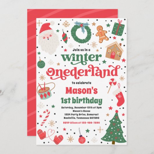 ウィンターワンダーランド赤いクリスマス誕生日パーティー 招待状 (正面/裏面)